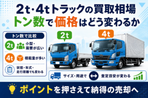 2t・4tトラックの買取相場をトン数で比較した図。左に2tトラック、右に4tトラックを並べ、2tは需要が広い、4tは積載量が多いという特徴と、状態・年式・走行距離でも変わることを示している