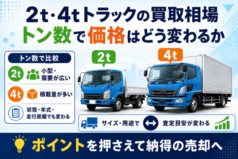 2t・4tトラックの買取相場をトン数で比較した図。左に2tトラック、右に4tトラックを並べ、2tは需要が広い、4tは積載量が多いという特徴と、状態・年式・走行距離でも変わることを示している