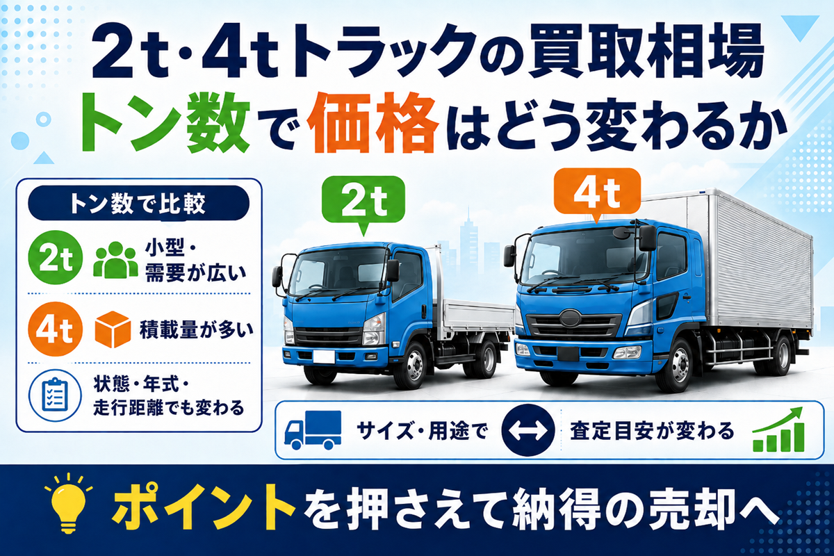 2t・4tトラックの買取相場をトン数で比較した図。左に2tトラック、右に4tトラックを並べ、2tは需要が広い、4tは積載量が多いという特徴と、状態・年式・走行距離でも変わることを示している