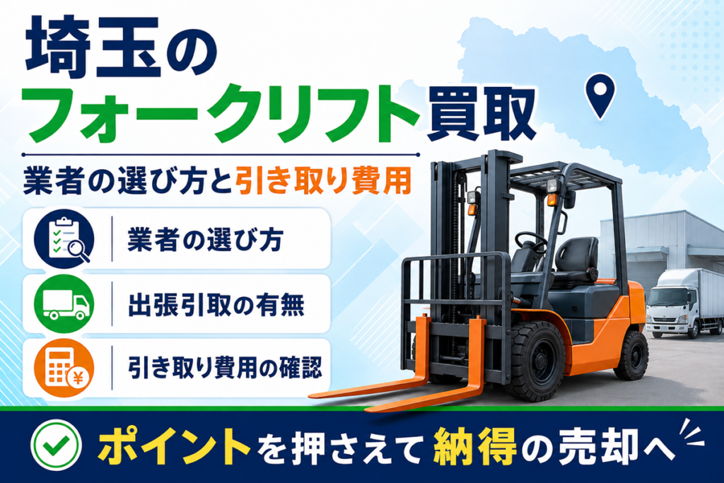 埼玉のフォークリフト買取の解説図。倉庫とトラックを背景にオレンジ色のエンジン式フォークリフトを配置し、埼玉県の地図とともに、業者の選び方・出張引取の有無・引き取り費用の確認という3つの確認項目を並べている