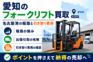 愛知のフォークリフト買取の解説図。名古屋港のコンテナクレーンを背景にエンジン式フォークリフトを配置し、愛知県の地図と名古屋港の位置、販路の強み・出張引取の有無・引き取り費用の確認という3つの確認項目を示している