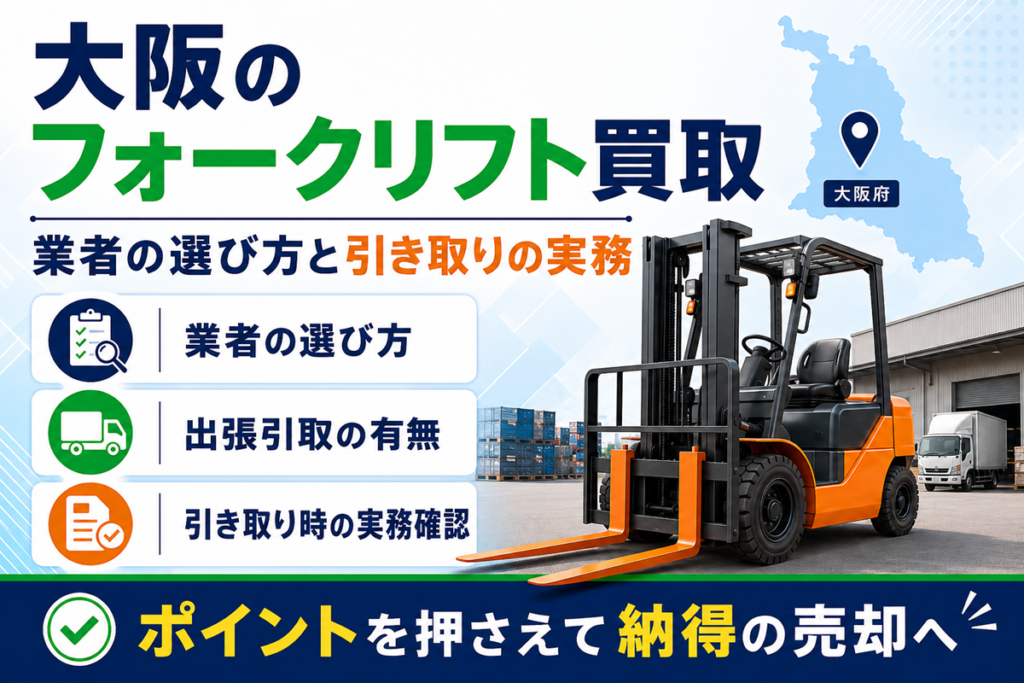 大阪のフォークリフト買取の解説図。倉庫前に停まるエンジン式フォークリフトと大阪府の地図を配置し、業者の選び方・出張引取の有無・引き取り時の実務確認という3つの確認項目を並べている