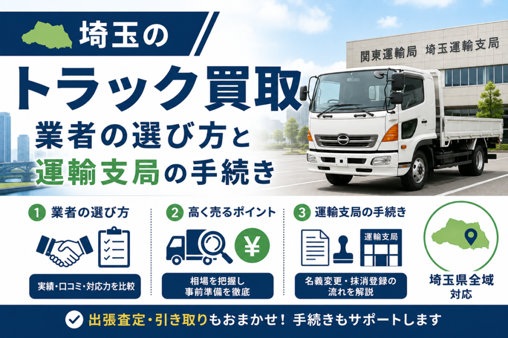 埼玉のトラック買取の解説図。運輸支局の庁舎前に平ボディトラックを配置し、埼玉県の地図とともに、業者の選び方・高く売るポイント・運輸支局での名義変更や抹消登録の手続きという3つの論点を並べている