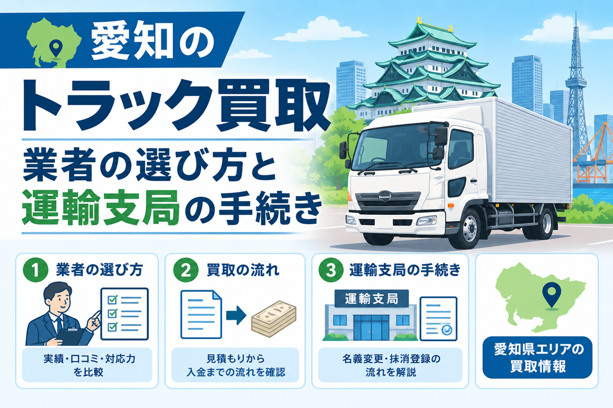 愛知のトラック買取の解説図。名古屋城とテレビ塔を背景にアルミバンのトラックを配置し、愛知県の地図とともに、業者の選び方・買取の流れ・運輸支局での名義変更や抹消登録の手続きという3つの論点を並べている