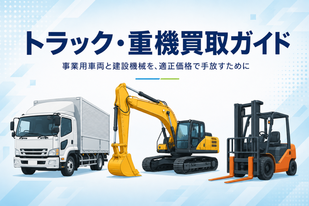 トラック・重機買取ガイドのメインビジュアル。サイト名とキャッチコピー「事業用車両と建設機械を、適正価格で手放すために」の下に、アルミバンのトラック、油圧ショベル(ユンボ)、フォークリフトの3機種が並んでいる