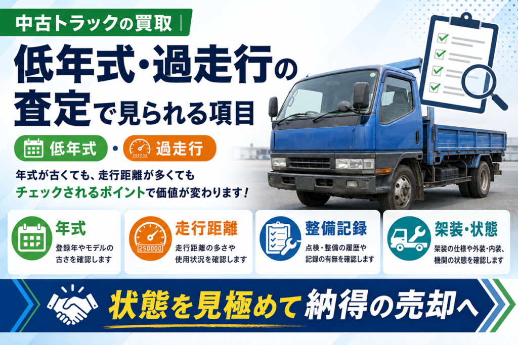 中古トラック買取で低年式・過走行の査定に見られる項目を示した図。使い込まれた青い平ボディトラックの横に、年式・走行距離・整備記録・架装と状態の4項目を並べている