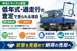 中古トラック買取で低年式・過走行の査定に見られる項目を示した図。使い込まれた青い平ボディトラックの横に、年式・走行距離・整備記録・架装と状態の4項目を並べている