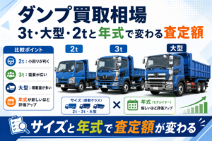 ダンプ買取相場の比較図。2t・3t・大型の青いダンプトラックを大きさ順に並べ、2tは小回りが利く・3tは需要が広い・大型は積載量が多いという比較ポイントと、サイズと年式で査定額が変わることを示している