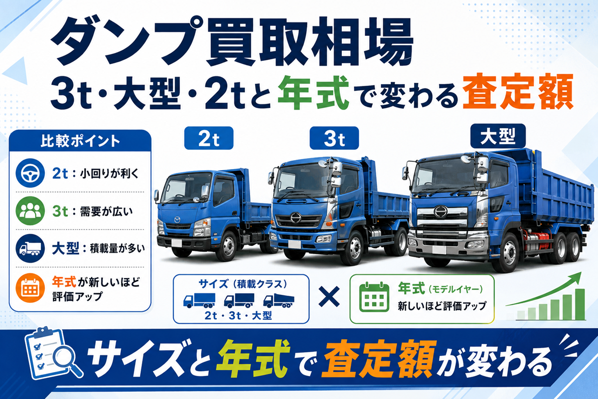 ダンプ買取相場の比較図。2t・3t・大型の青いダンプトラックを大きさ順に並べ、2tは小回りが利く・3tは需要が広い・大型は積載量が多いという比較ポイントと、サイズと年式で査定額が変わることを示している