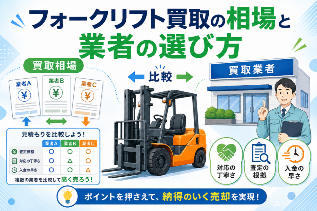 フォークリフト買取の相場と業者の選び方を示した図。中央にエンジン式フォークリフト、左に3社の見積もりを査定価格・対応・入金の早さで比較する表、右に買取業者の店舗とスタッフを配置している