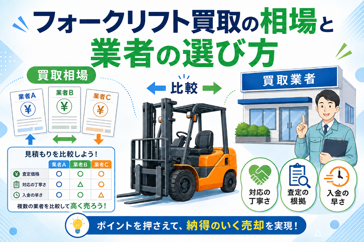 フォークリフト買取の相場と業者の選び方を示した図。中央にエンジン式フォークリフト、左に3社の見積もりを査定価格・対応・入金の早さで比較する表、右に買取業者の店舗とスタッフを配置している