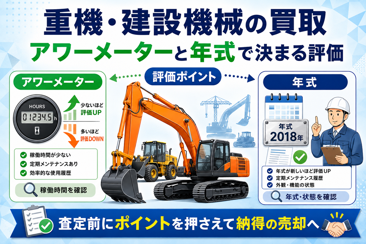 重機・建設機械の買取評価を示した図。中央に油圧ショベルとホイールローダー、左にアワーメーターと稼働時間の評価、右に年式と定期メンテナンス履歴の確認項目を並べている