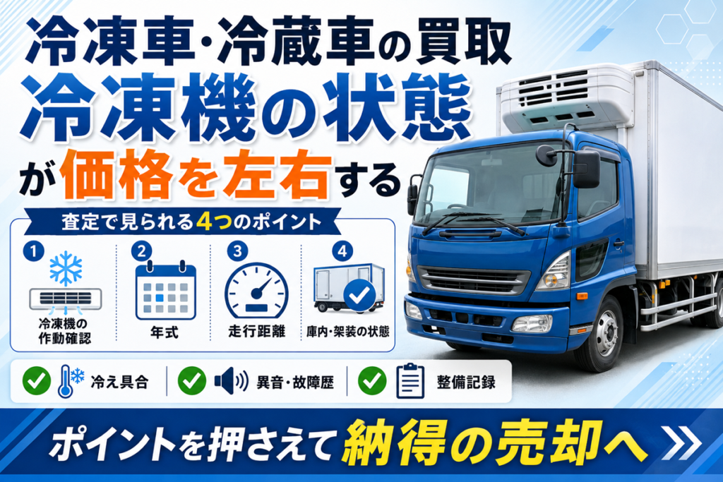 冷凍車・冷蔵車買取の査定ポイントを示す図。屋根に冷凍機を載せた青い冷凍車と、冷凍機の作動確認・年式・走行距離・庫内と架装の状態という4つの確認項目を示している