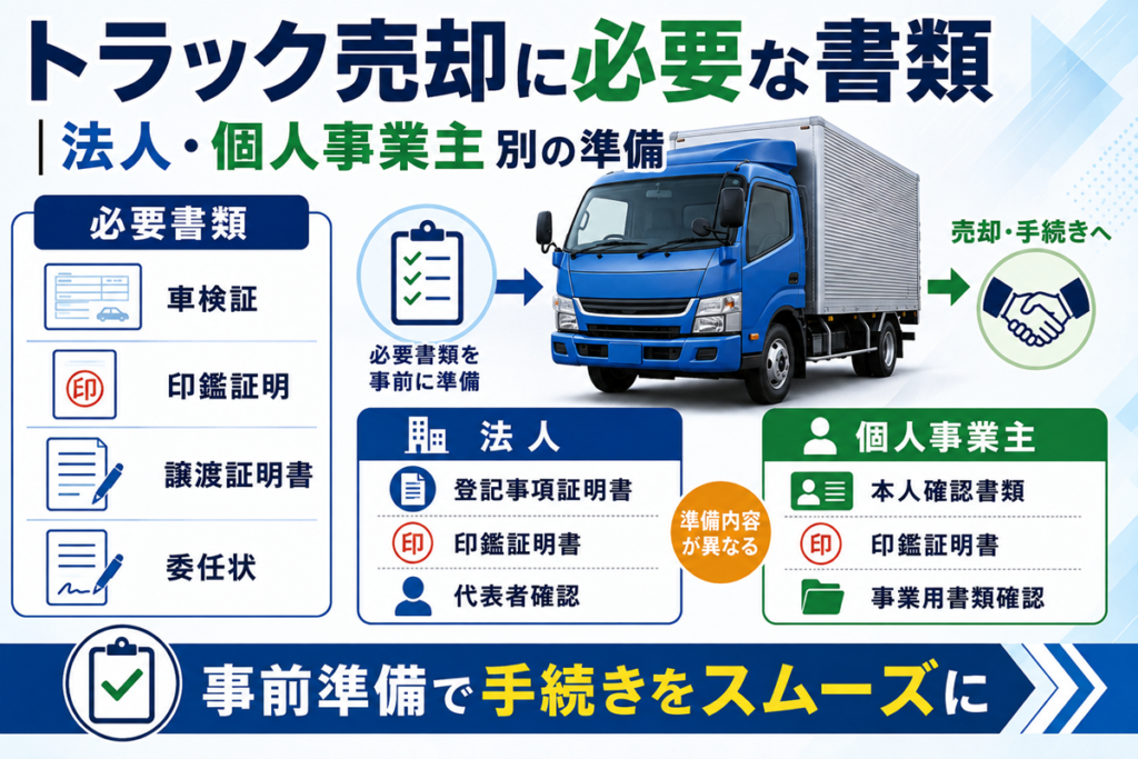 トラック売却に必要な書類をまとめた図。青いアルミバントラックの左に車検証・印鑑証明・譲渡証明書・委任状を、下に法人と個人事業主で異なる準備書類を分けて示している