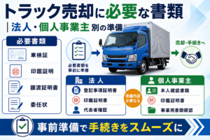 トラック売却に必要な書類をまとめた図。青いアルミバントラックの左に車検証・印鑑証明・譲渡証明書・委任状を、下に法人と個人事業主で異なる準備書類を分けて示している