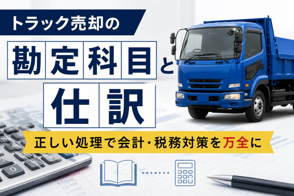 トラック売却の勘定科目と仕訳を解説する図。電卓と帳簿の上に青いダンプトラックを配置し、正しい会計処理で会計・税務対策を万全にというメッセージを示している