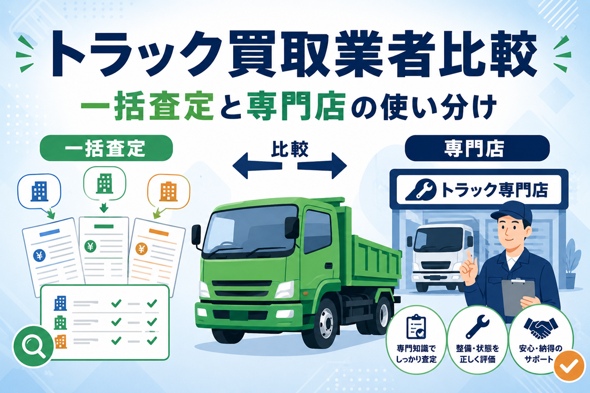 トラック買取業者の比較図。中央にダンプトラック、左に一括査定で複数社の見積もりを比べる様子、右にスタッフのいるトラック買取専門店を配置し、両者の使い分けを表している