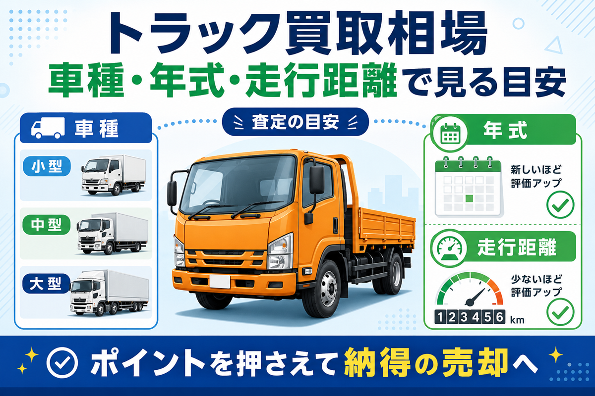 トラック買取相場の目安を示した図。中央に平ボディトラック、左に小型・中型・大型の車種区分、右に年式と走行距離が評価に与える影響を並べている