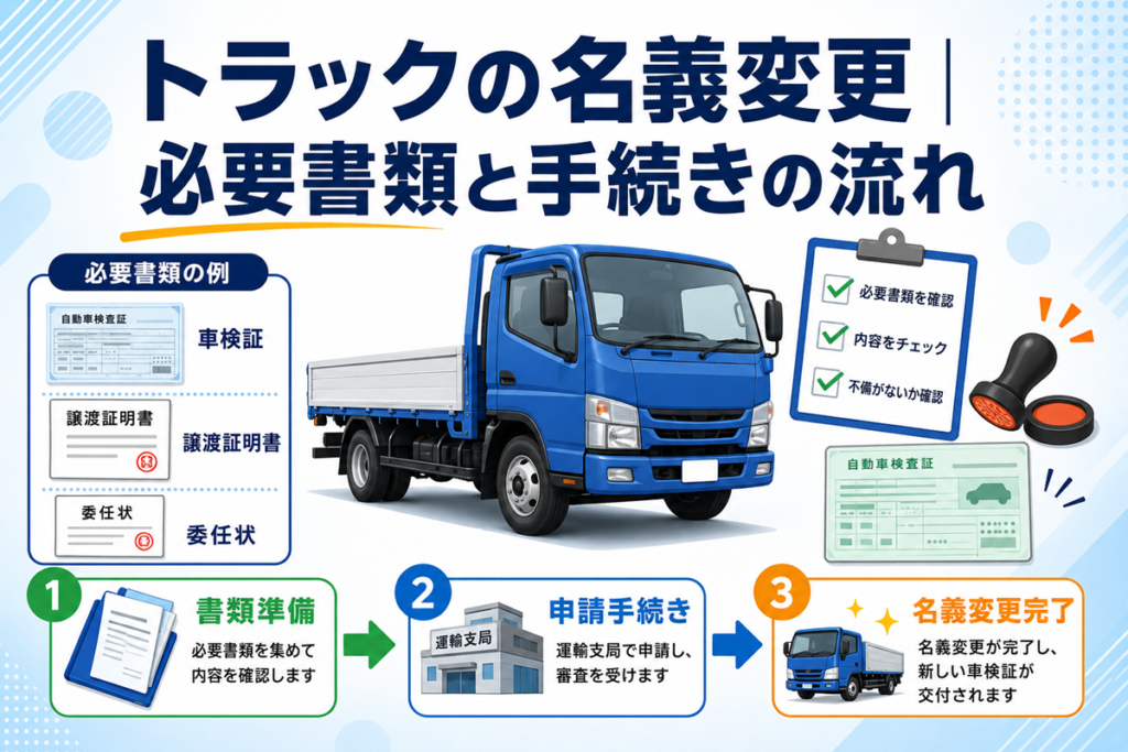 トラックの名義変更の必要書類と手続きの流れを示した図。車検証・譲渡証明書・委任状の書類例と、書類準備、運輸支局での申請手続き、名義変更完了までの3段階を並べている