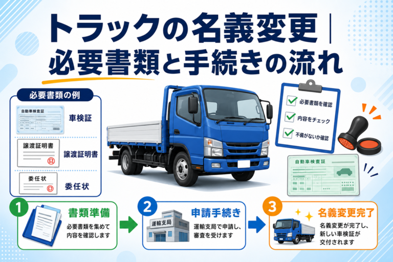 トラックの名義変更の必要書類と手続きの流れを示した図。車検証・譲渡証明書・委任状の書類例と、書類準備、運輸支局での申請手続き、名義変更完了までの3段階を並べている