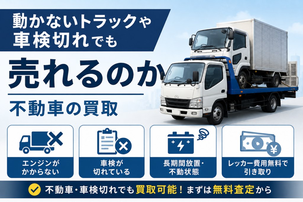 不動車トラックの買取を説明する図。積載車に載せられた白いアルミバントラックと、エンジンがかからない・車検が切れている・長期間放置という状態を示すアイコンを配置している