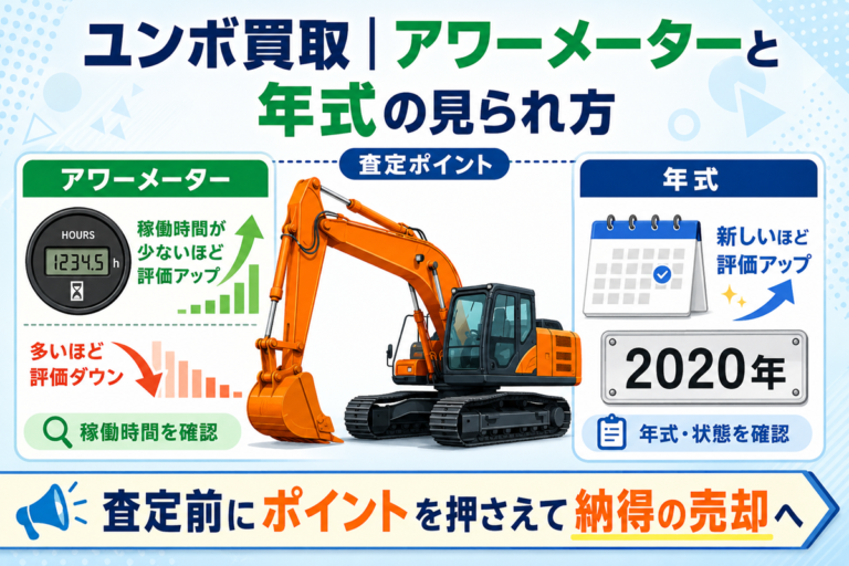 ユンボ買取の査定ポイントを示した図。中央に油圧ショベル、左にアワーメーターと稼働時間が評価に与える影響、右に年式が新しいほど評価が上がることを示している