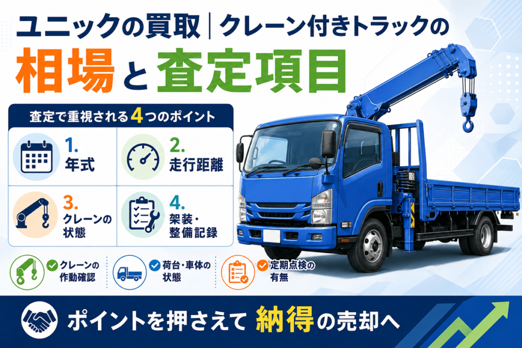 ユニック買取の査定項目を示す図。ブームを伸ばした青いクレーン付きトラックと、年式・走行距離・クレーンの状態・架装と整備記録という4つの査定ポイントを並べている