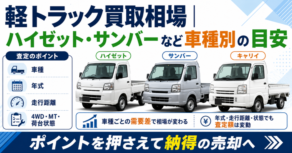軽トラック買取相場の解説図。ハイゼット・サンバー・キャリイの3車種を並べ、左に査定のポイントとして車種・年式・走行距離・4WD・MT・荷台の状態を挙げ、車種ごとの需要差で買取相場が変わることを示している